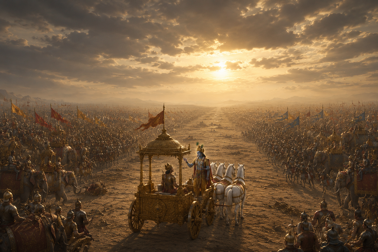 Krishna and Arjuna on the battlefield of Kurukshetra — the Bhagavad Gita.