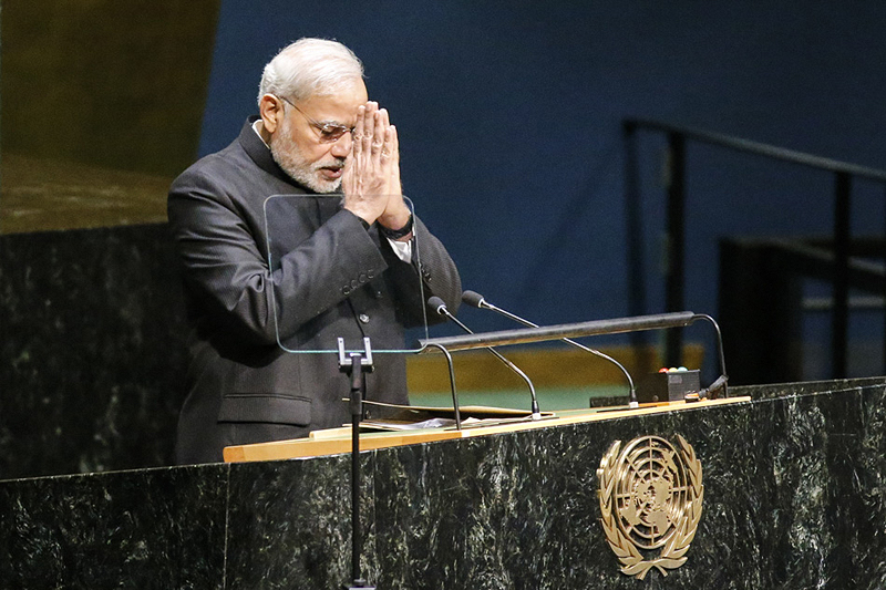 PM Narendra Modi proposing International Yoga Day at the UN General Assembly, 2014. Photo Courtesy: Publicly available media image of PM Narendra Modi addressing the United Nations General Assembly